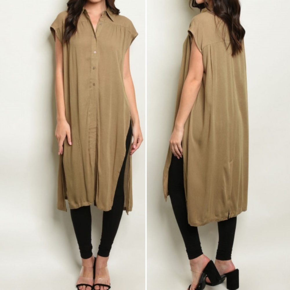 OVERSIZED OLIVE SIDE SLIT TUNIC TOP - Picture 1 of 7